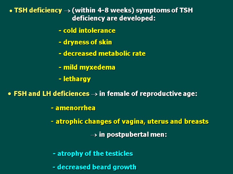 TSH deficiency  (within 4-8 weeks) symptoms of TSH     